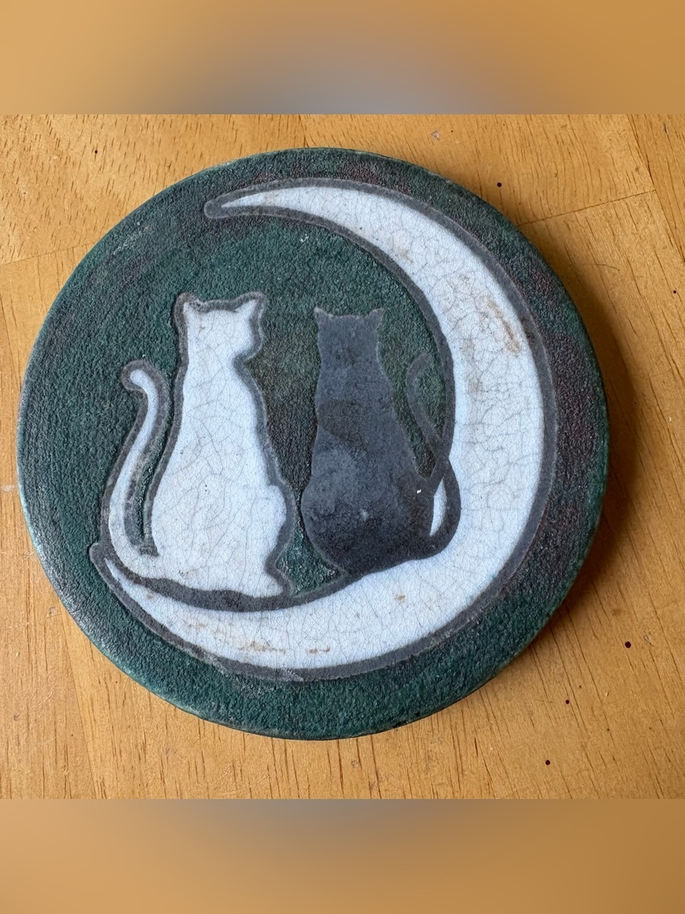 Jeremy Diller Raku Pottery Black & White Cats on the Moon Coaster 4.25” Signed